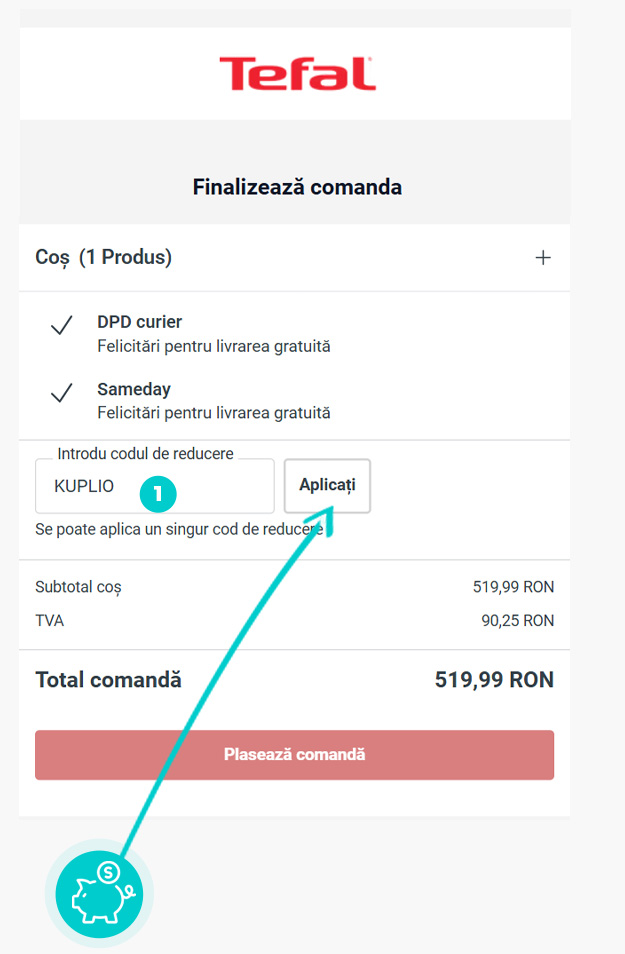 Instrucțiuni privind aplicarea cod reducere în coșul de cumpărături al Tefal