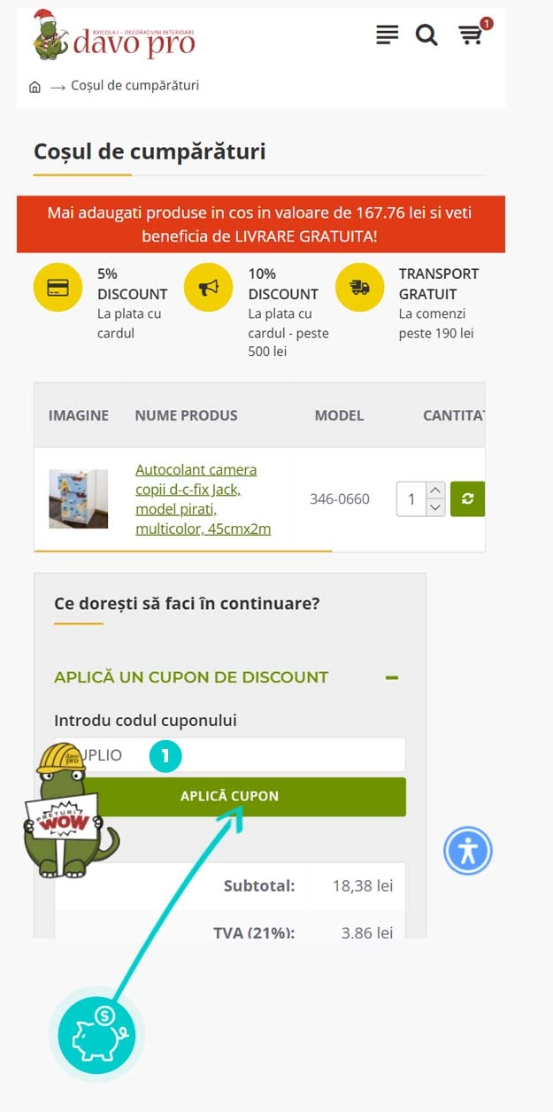 Instrucțiuni privind aplicarea cod reducere în coșul de cumpărături al Davo Pro