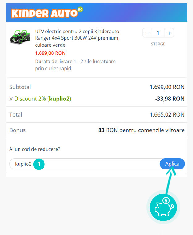 Instrucțiuni privind aplicarea cod reducere în coșul de cumpărături al KinderAuto