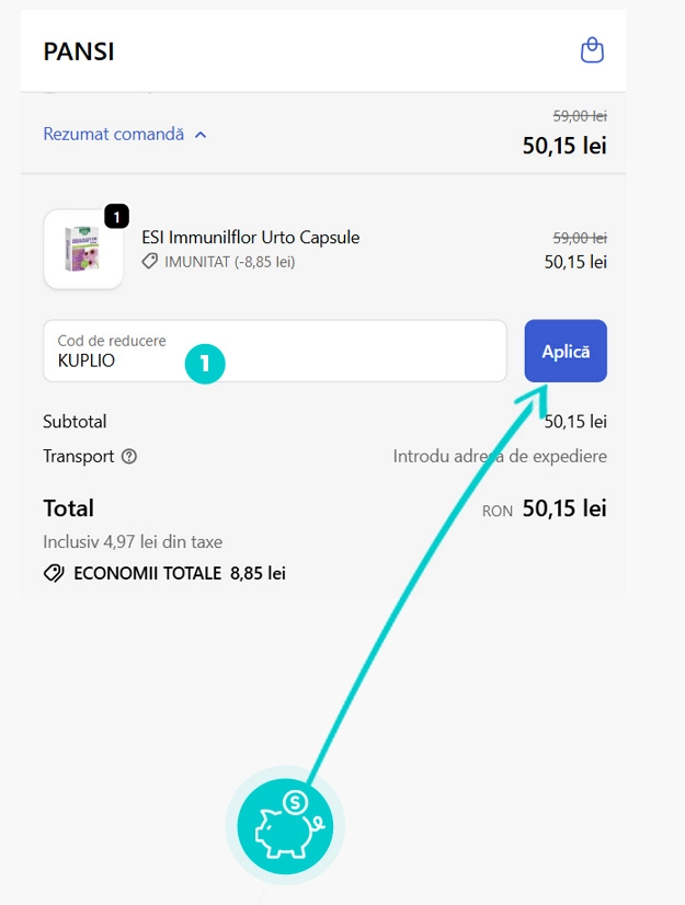 Instrucțiuni privind aplicarea cod reducere în coșul de cumpărături al Pansi