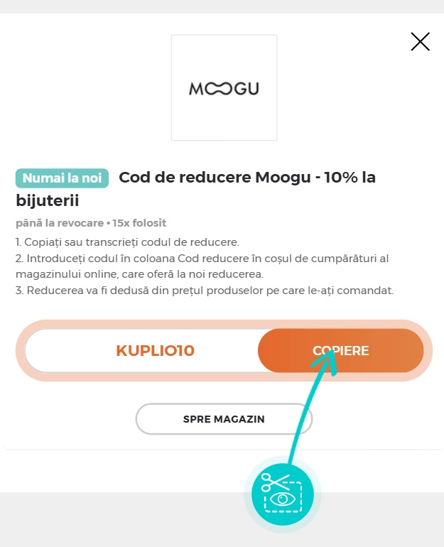 Instrucțiuni privind copierea cod reducere Moogu