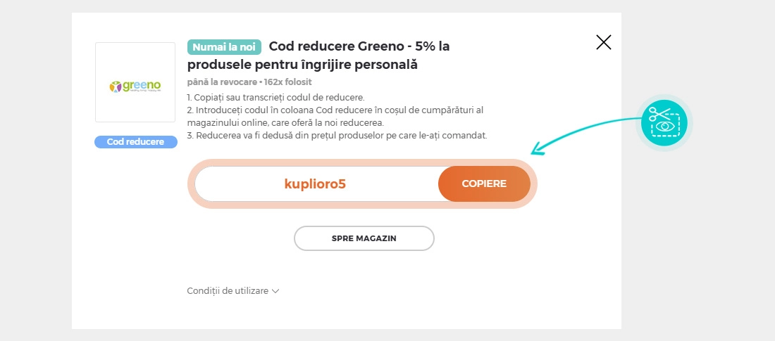 Instrucțiuni privind copierea cod reducere Greeno