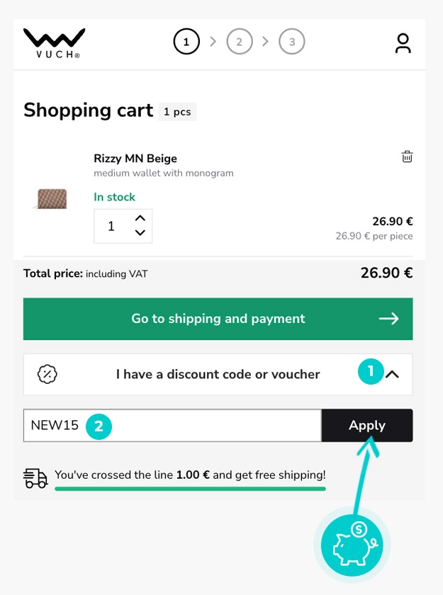 Instrucțiuni privind aplicarea cod reducere în coșul de cumpărături al Vuch