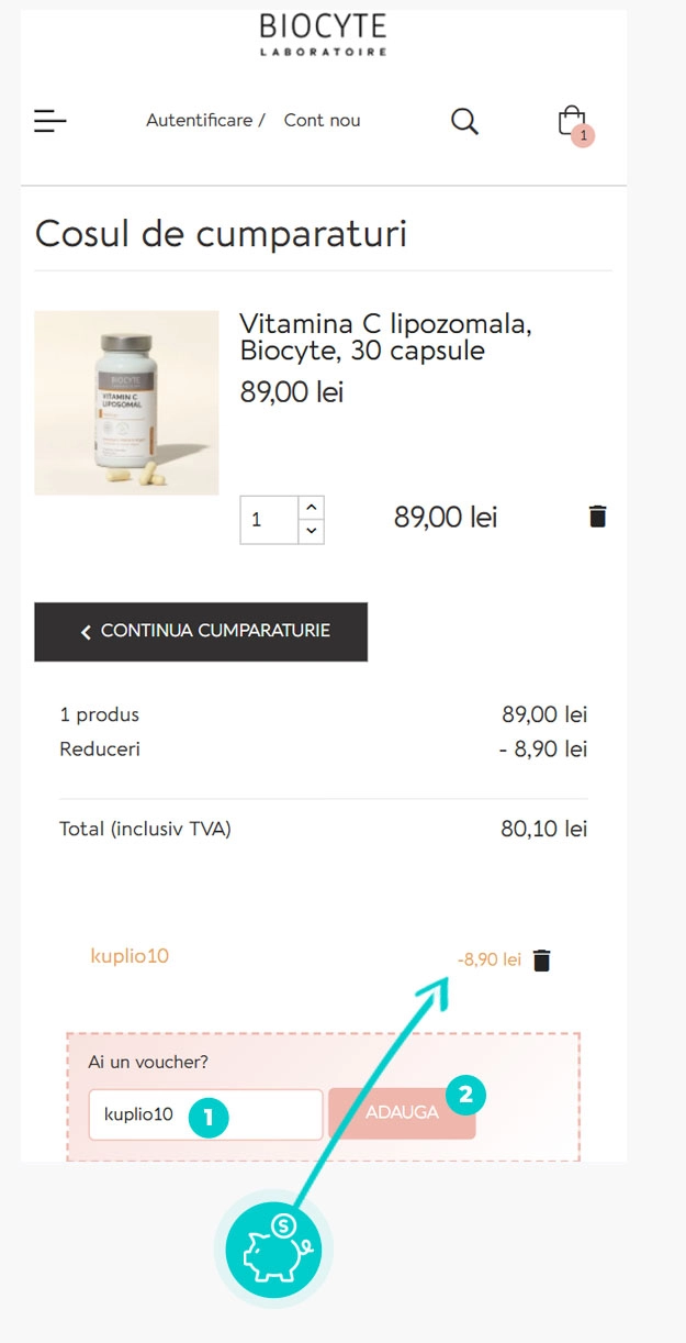 Instrucțiuni privind aplicarea cod reducere în coșul de cumpărături al Biocyte