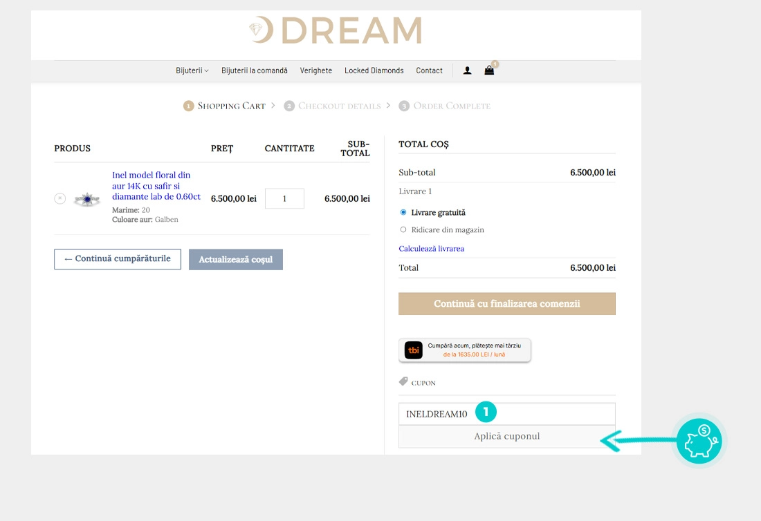 Instrucțiuni privind aplicarea cod reducere în coșul de cumpărături al GDream