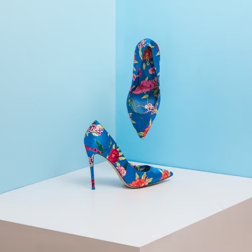 pantofi stiletto albastri cu flori colorate