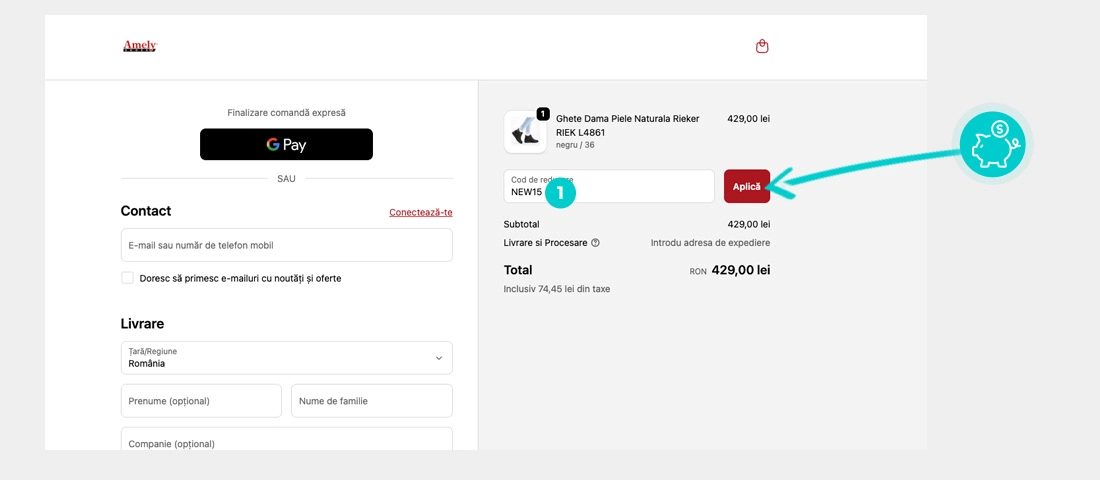 Instrucțiuni privind aplicarea cod reducere în coșul de cumpărături al Amely
