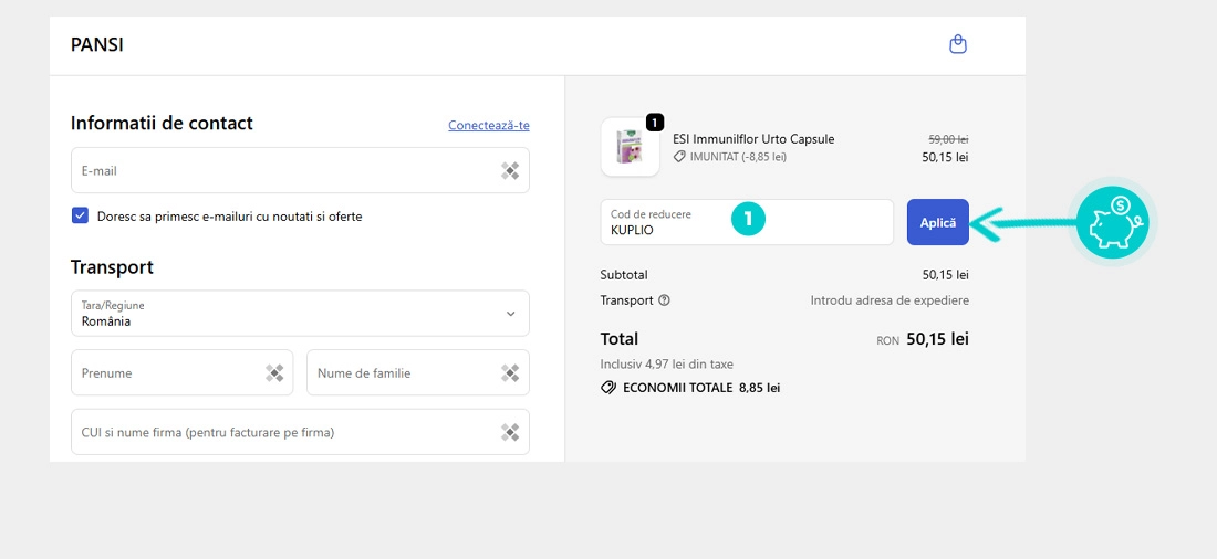 Instrucțiuni privind aplicarea cod reducere în coșul de cumpărături al Pansi