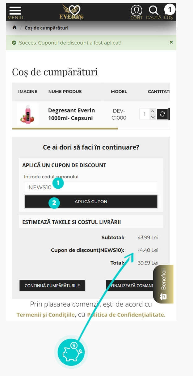Instrucțiuni privind aplicarea cod reducere în coșul de cumpărături al Everin