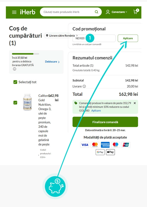Instrucțiuni privind aplicarea cod reducere în coșul de cumpărături al iHerb