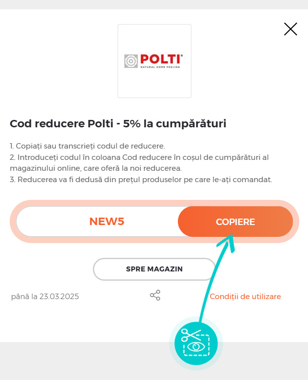 Instrucțiuni privind copierea cod reducere Polti