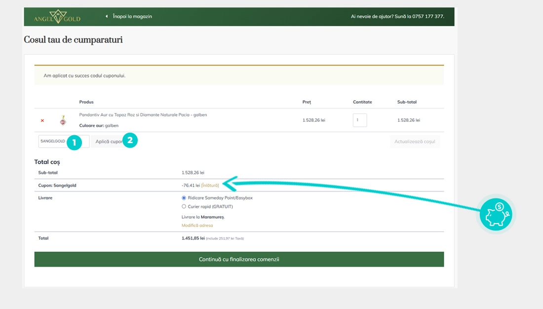 Instrucțiuni privind aplicarea cod reducere în coșul de cumpărături al Angel Gold