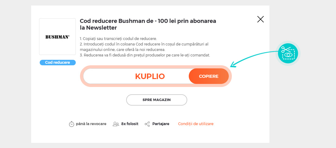 Instrucțiuni privind copierea cod reducere Bushman