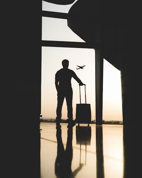 barbat cu trolerul in mana pe aeroport