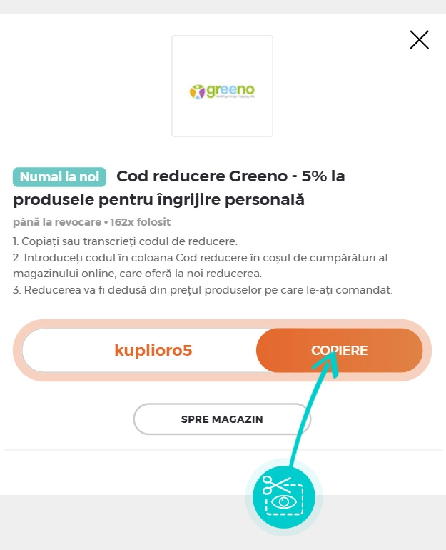 Instrucțiuni privind copierea cod reducere Greeno