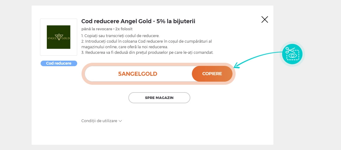 Instrucțiuni privind copierea cod reducere Angel Gold