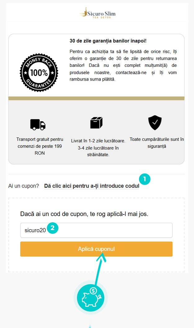 Instrucțiuni privind aplicarea cod reducere în coșul de cumpărături al Sicuro Slim