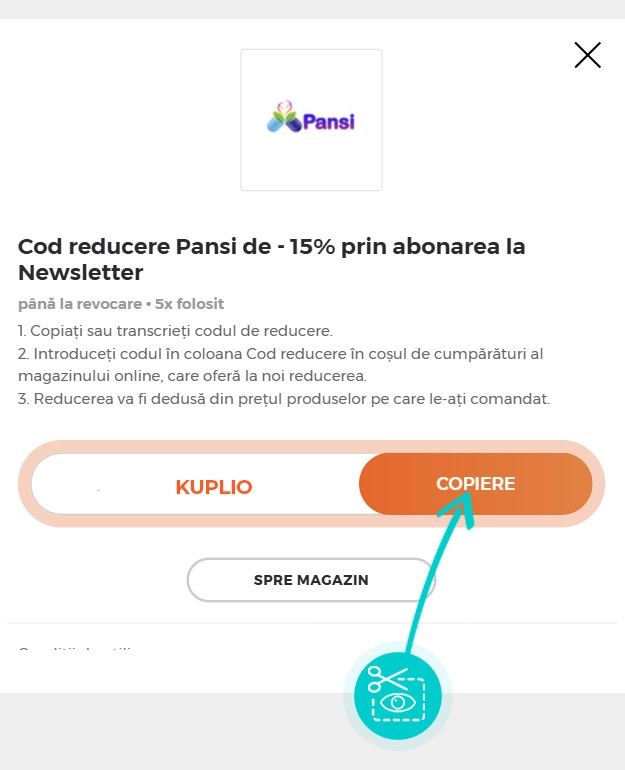 Instrucțiuni privind copierea cod reducere Pansi