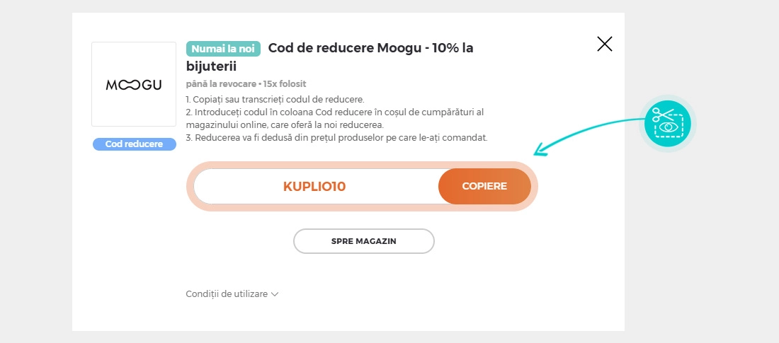 Instrucțiuni privind copierea cod reducere Moogu