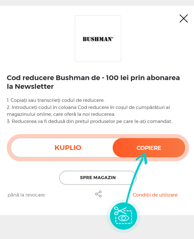 Instrucțiuni privind copierea cod reducere Bushman