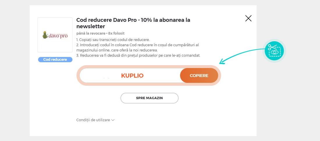Instrucțiuni privind copierea cod reducere Davo Pro
