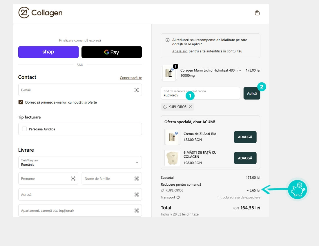 Instrucțiuni privind aplicarea cod reducere în coșul de cumpărături al 21 Collagen