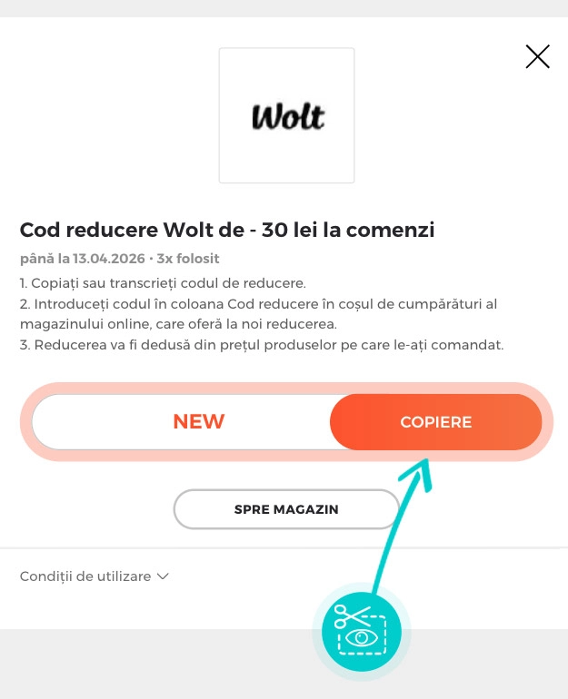 Instrucțiuni privind copierea cod reducere Wolt