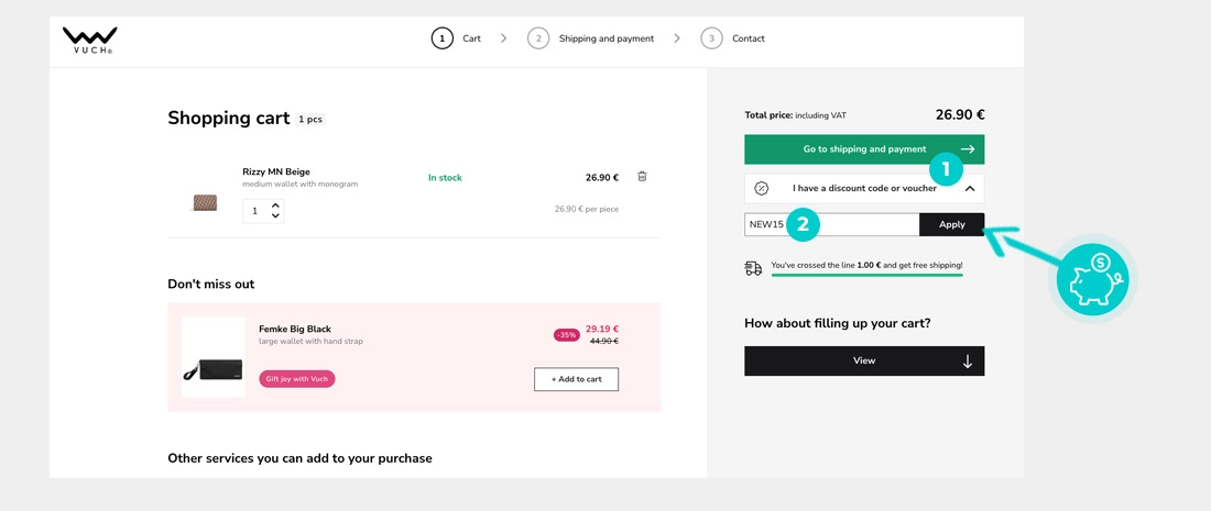 Instrucțiuni privind aplicarea cod reducere în coșul de cumpărături al Vuch