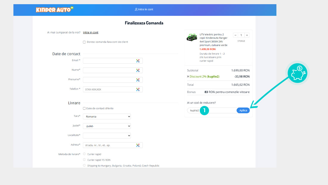 Instrucțiuni privind aplicarea cod reducere în coșul de cumpărături al KinderAuto