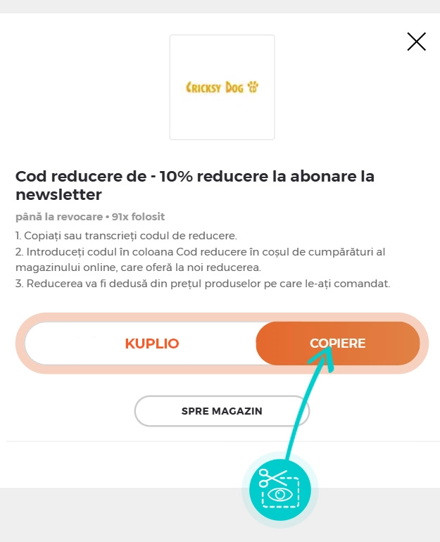 Instrucțiuni privind copierea cod reducere Cricksy Dog