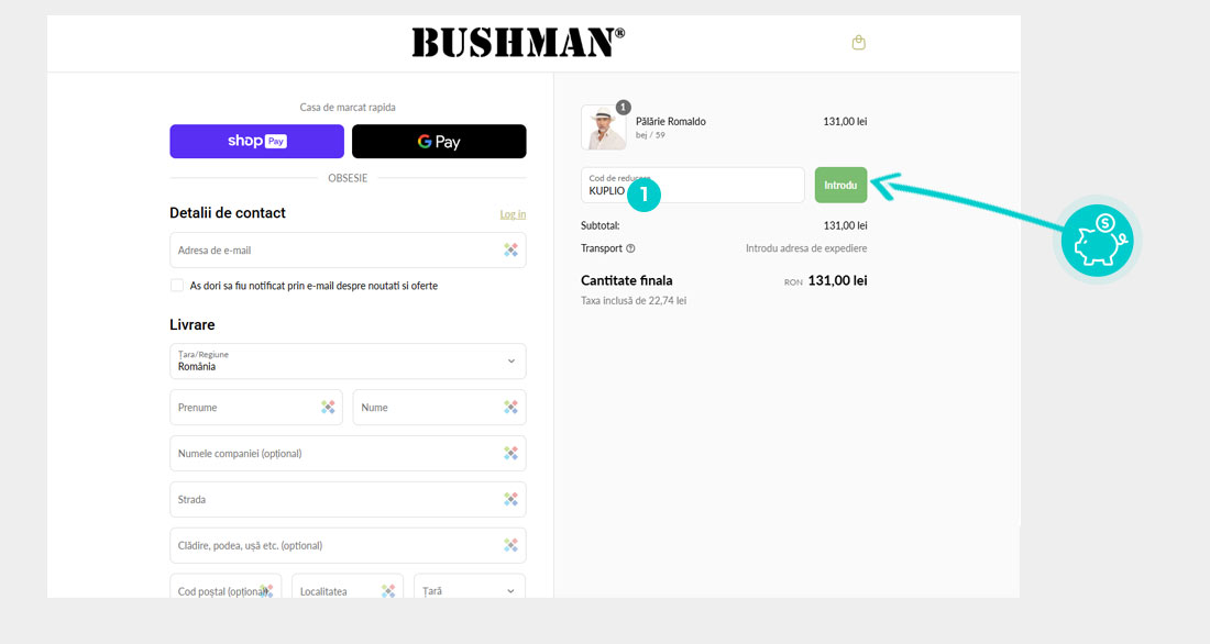 Instrucțiuni privind aplicarea cod reducere în coșul de cumpărături al Bushman