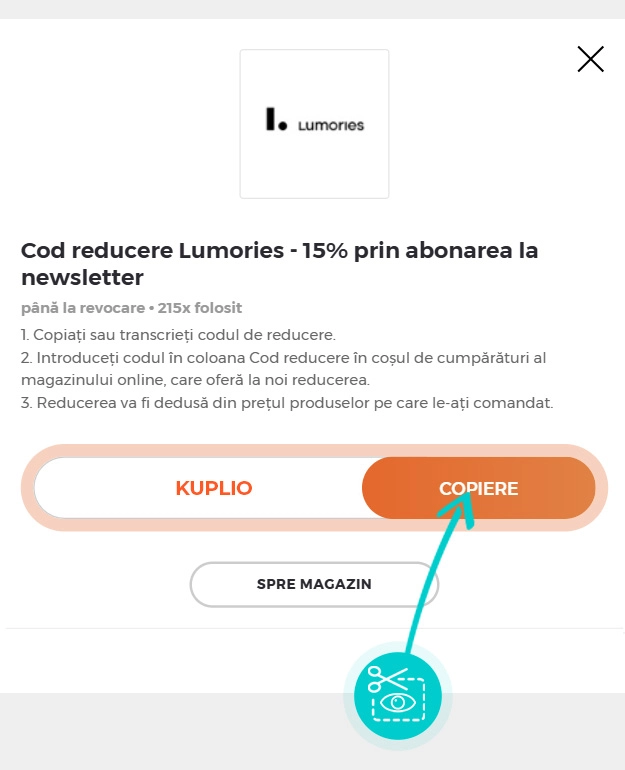Instrucțiuni privind copierea cod reducere Lumories