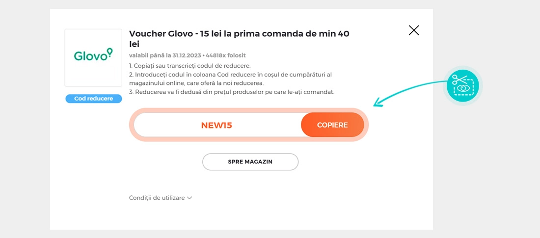 Instrucțiuni privind copierea cod reducere Glovo