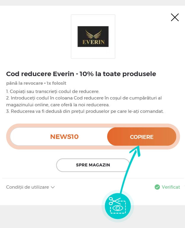 Instrucțiuni privind copierea cod reducere Everin