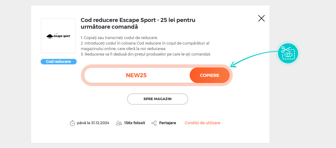 Instrucțiuni privind copierea cod reducere Escape Sport